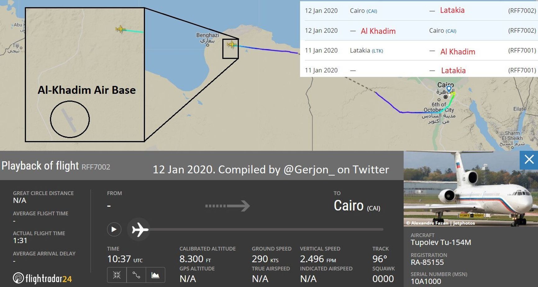 A flight route of Russian Air Force aircraft RA-85155 between Cairo and the Al-Khadim military base in Libya January 2020,